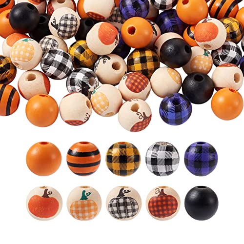 CEHJZQRPL 140 Stück runde Perlen aus Naturholz, oval, bedruckt, gestreift, lose Holzperlen for Girlanden, Basteln, Makramee, Schmuckherstellung(Halloween Theme 10 Styles) von CEHJZQRPL