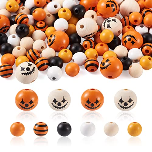 CEHJZQRPL 140 Stück runde Perlen aus Naturholz, oval, bedruckt, gestreift, lose Holzperlen for Girlanden, Basteln, Makramee, Schmuckherstellung(Halloween Theme 7 Styles) von CEHJZQRPL