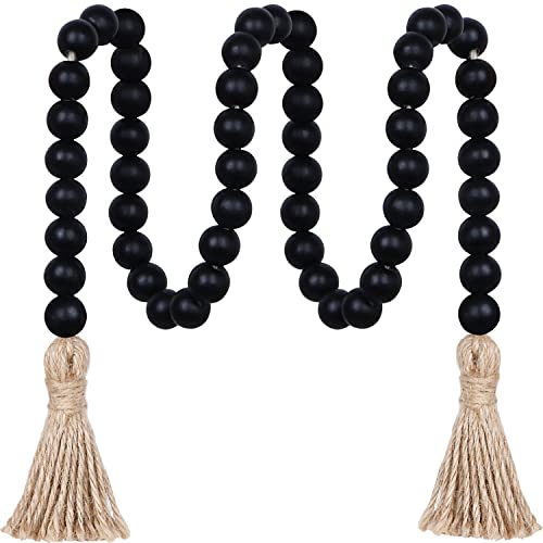 CEHJZQRPL 39 Zoll Holzperlengirlande mit Quasten, rustikales Bauernhausdekor, Gebetsperlen, Boho-Quastengirlande, Wandbehang, Heimdekoration(Black) von CEHJZQRPL