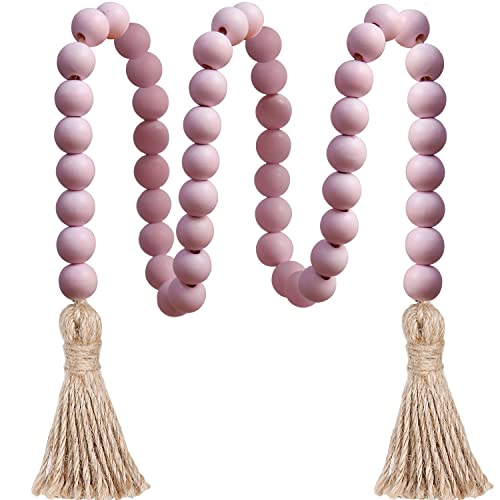 CEHJZQRPL 39 Zoll Holzperlengirlande mit Quasten, rustikales Bauernhausdekor, Gebetsperlen, Boho-Quastengirlande, Wandbehang, Heimdekoration(Light Pink) von CEHJZQRPL