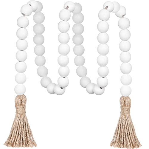 CEHJZQRPL 39 Zoll Holzperlengirlande mit Quasten, rustikales Bauernhausdekor, Gebetsperlen, Boho-Quastengirlande, Wandbehang, Heimdekoration(White) von CEHJZQRPL