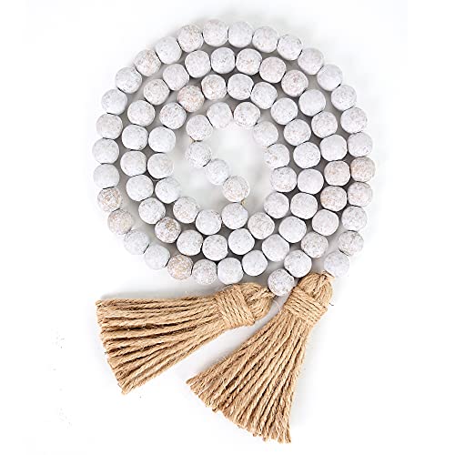 CEHJZQRPL 58 Zoll Holzperlengirlande mit Quasten, Bauernhaus Rustikales Landhausdekor Gebet Boho Wandbehang Dekoration(White) von CEHJZQRPL