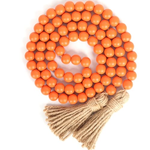 CEHJZQRPL 58 Zoll Holzperlengirlande mit Quasten, Bauernhausperlen, rustikales Landhausdekor, Gebetsperlen, Boho-Perlen, Wandbehang, Dekoration(Orange) von CEHJZQRPL