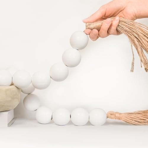 CEHJZQRPL Extra große, klobige Holzperlengirlande mit Holzperlen im Durchmesser von 4,1 cm, 170 cm lange Holzperlengirlande mit Quasten(White,67 Inches) von CEHJZQRPL