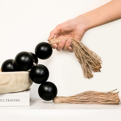 CEHJZQRPL Extra große Holzperlengirlande mit 2" Durchmesser Holzperlen, Holzperlengirlande mit Quasten, Dekorative Perlen(Black) von CEHJZQRPL