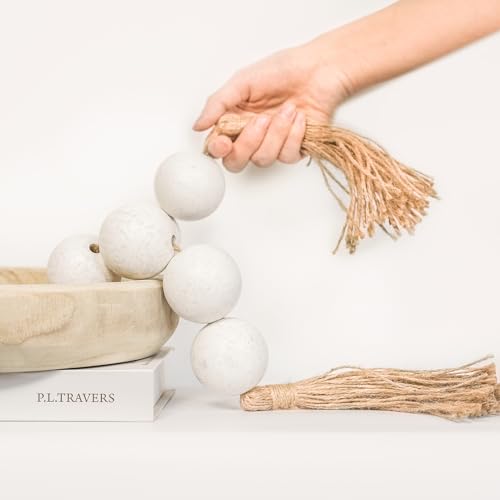 CEHJZQRPL Extra große Holzperlengirlande mit 2" Durchmesser Holzperlen, Holzperlengirlande mit Quasten, Dekorative Perlen(Rustic White) von CEHJZQRPL