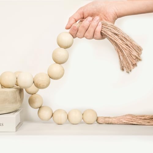 CEHJZQRPL Extra große Holzperlengirlande mit Holzperlen im Durchmesser von 1,4 Zoll, Holzperlengirlande mit Quasten(Natural,41 Inches) von CEHJZQRPL