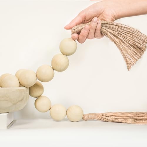 CEHJZQRPL Extra große Holzperlengirlande mit Holzperlen und Quasten mit 4,1 cm Durchmesser(Nature Beige,50 Inches) von CEHJZQRPL