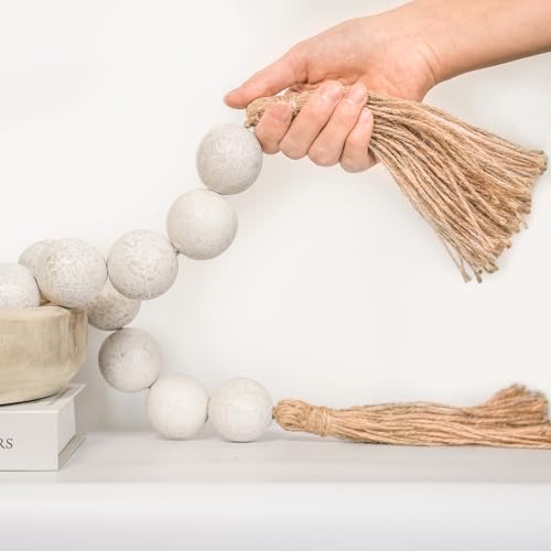 CEHJZQRPL Extra große Holzperlengirlande mit Holzperlen und Quasten mit 4,1 cm Durchmesser(Rustic White,58 Inches) von CEHJZQRPL