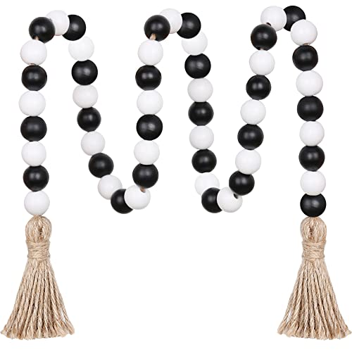 CEHJZQRPL Holzperlengirlande, 39 Zoll Bauernhausperlen mit Quasten, Boho-Perlen for abgestufte Tabletts, dekorative Perlen, Heimdekoration(Black+White) von CEHJZQRPL