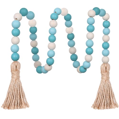 CEHJZQRPL Holzperlengirlande, 39 Zoll Bauernhausperlen mit Quasten, Boho-Perlen for abgestufte Tabletts, dekorative Perlen, Heimdekoration(Blue+Natural) von CEHJZQRPL
