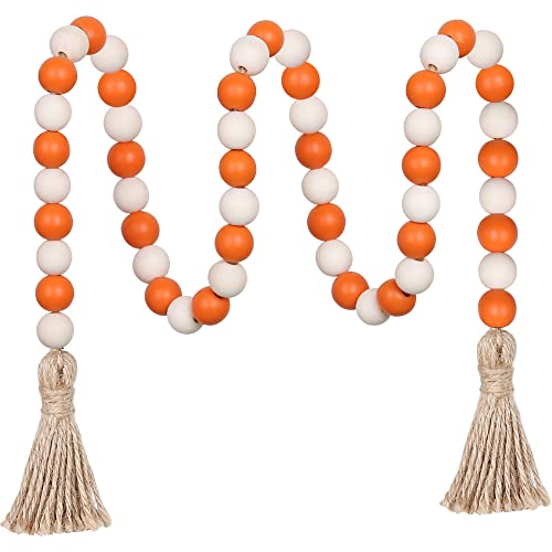 CEHJZQRPL Holzperlengirlande, 39 Zoll Bauernhausperlen mit Quasten, Boho-Perlen for abgestufte Tabletts, dekorative Perlen, Heimdekoration(Orange+Natural) von CEHJZQRPL