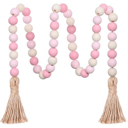 CEHJZQRPL Holzperlengirlande, 39 Zoll Bauernhausperlen mit Quasten, Boho-Perlen for abgestufte Tabletts, dekorative Perlen, Heimdekoration(Pink+Natural) von CEHJZQRPL