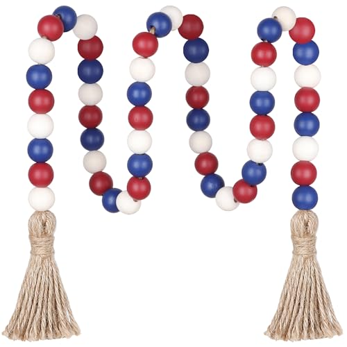 CEHJZQRPL Holzperlengirlande, 39 Zoll Bauernhausperlen mit Quasten, Boho-Perlen for abgestufte Tabletts, dekorative Perlen, Heimdekoration(Red+Blue+Natural) von CEHJZQRPL
