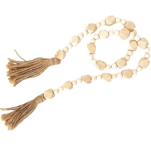 CEHJZQRPL Holzperlengirlande - Boho-Perlengirlande aus Holz mit Quasten - Boho-Perlen-Wohndekor for Regal, Tisch, Wand(Geometric W/Small Beads) von CEHJZQRPL