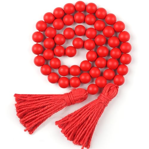 CEHJZQRPL Holzperlengirlande mit Quasten, rustikale Gebetsperlen im Boho-Stil for Boho-Wohnkultur, Wanddekoration(Red) von CEHJZQRPL