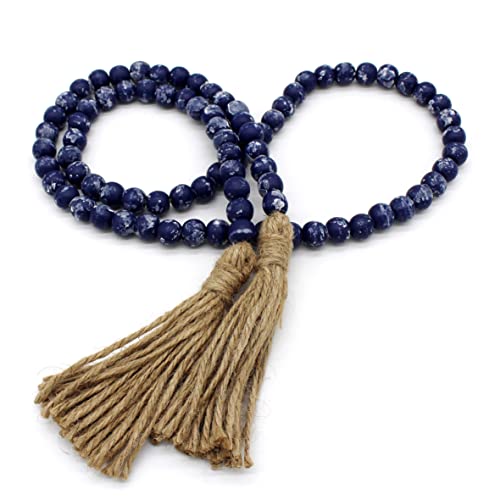CEHJZQRPL Holzperlengirlande mit Quasten, rustikale Gebetsperlenkette aus Holz im Bauernhausstil, Wandbehang, Akzent, Burgunderrot(Dark Blue Stained) von CEHJZQRPL