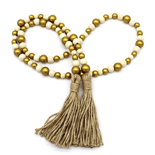 CEHJZQRPL Holzperlengirlande mit Quasten, rustikale Gebetsperlenkette aus Holz im Bauernhausstil, Wandbehang, Akzent, Burgunderrot(Gold) von CEHJZQRPL