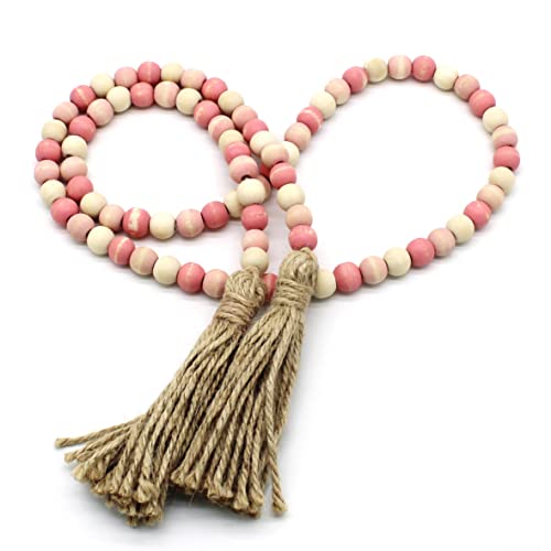 CEHJZQRPL Holzperlengirlande mit Quasten, rustikale Gebetsperlenkette aus Holz im Bauernhausstil, Wandbehang, Akzent, Burgunderrot(Pink) von CEHJZQRPL