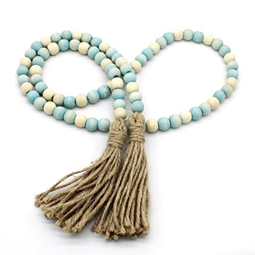 CEHJZQRPL Holzperlengirlande mit Quasten, rustikale Gebetsperlenkette aus Holz im Bauernhausstil, Wandbehang, Akzent, Burgunderrot(Teal Mix Distressed) von CEHJZQRPL
