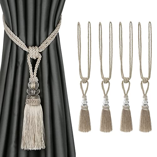 CEHJZQRPL Quasten-Vorhanghalter 4er-Pack Vorhang-Raffhalter, handgefertigt, Quasten, Kristall-Seil, Krawattenhalter, Heimdekoration(Beige) von CEHJZQRPL