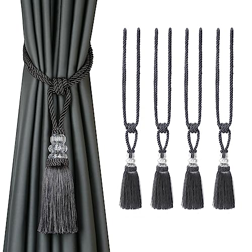CEHJZQRPL Quasten-Vorhanghalter 4er-Pack Vorhang-Raffhalter, handgefertigt, Quasten, Kristall-Seil, Krawattenhalter, Heimdekoration(Charcoal) von CEHJZQRPL