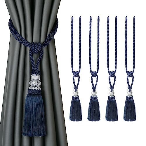 CEHJZQRPL Quasten-Vorhanghalter 4er-Pack Vorhang-Raffhalter, handgefertigt, Quasten, Kristall-Seil, Krawattenhalter, Heimdekoration(Navy) von CEHJZQRPL