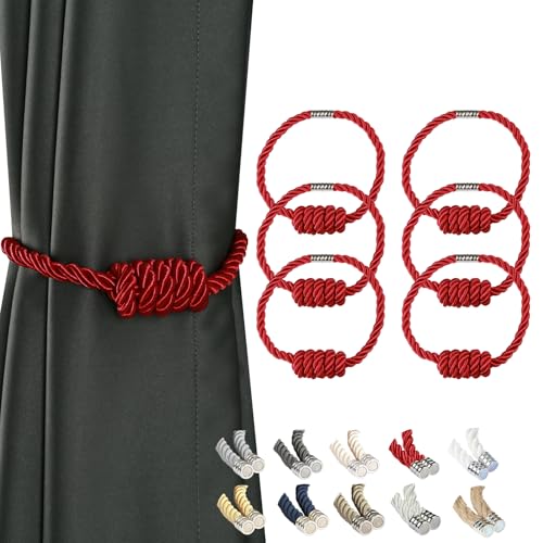 CEHJZQRPL Quasten-Vorhanghalter Magnetische Vorhang-Raffhalter, Moderne gewebte Raffhalter mit exquisitem Knoten, Vorhanghalter for die Heimdekoration(Red,6 Pack) von CEHJZQRPL