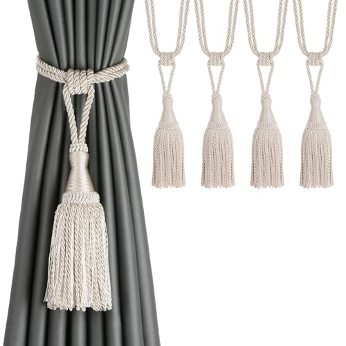 CEHJZQRPL Quasten-Vorhanghalter Moderne Raffhalter for Fenstervorhänge aus Seil for Vorhänge, Elegante dekorative Vorhanghalter for den Außenbereich mit Quaste(Beige,4 Pack) von CEHJZQRPL