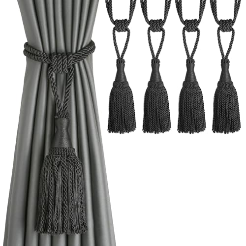 CEHJZQRPL Quasten-Vorhanghalter Moderne Raffhalter for Fenstervorhänge aus Seil for Vorhänge, Elegante dekorative Vorhanghalter for den Außenbereich mit Quaste(Black,4 Pack) von CEHJZQRPL