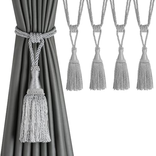 CEHJZQRPL Quasten-Vorhanghalter Moderne Raffhalter for Fenstervorhänge aus Seil for Vorhänge, Elegante dekorative Vorhanghalter for den Außenbereich mit Quaste(Soft Grey,4 Pack) von CEHJZQRPL