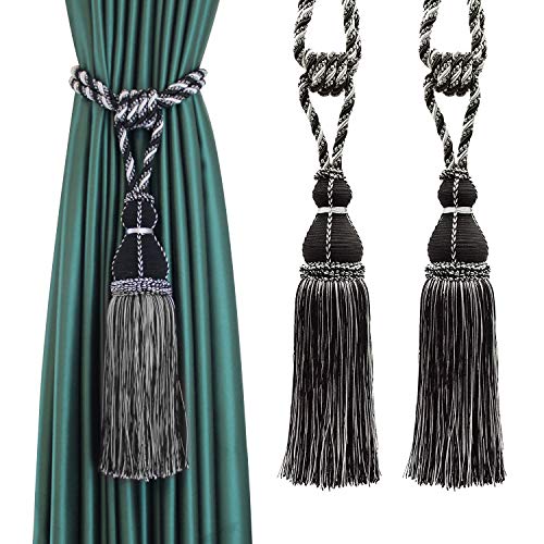 CEHJZQRPL Quasten-Vorhanghalter Raffhalter for Vorhänge, handgefertigt, Elegante Vorhangseil-Stufen, luxuriöse Vorhanghalter mit voller Quaste for die Dekoration im Home-Office(Black,2pcs) von CEHJZQRPL