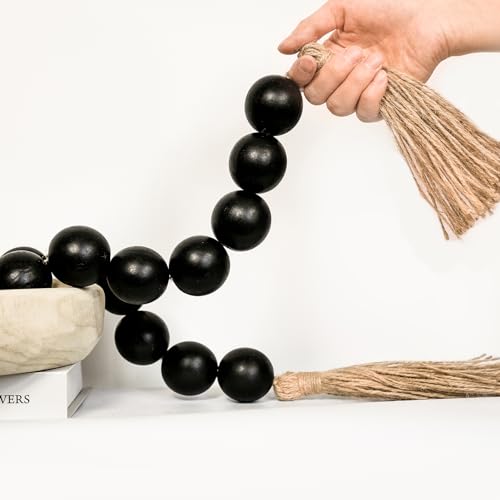 CEHJZQRPL Schwarze, extra große Holzperlengirlande mit Holzperlen von 1,6 Zoll Durchmesser, 58 Zoll lange Holzperlengirlande mit Quasten(50 Inches) von CEHJZQRPL