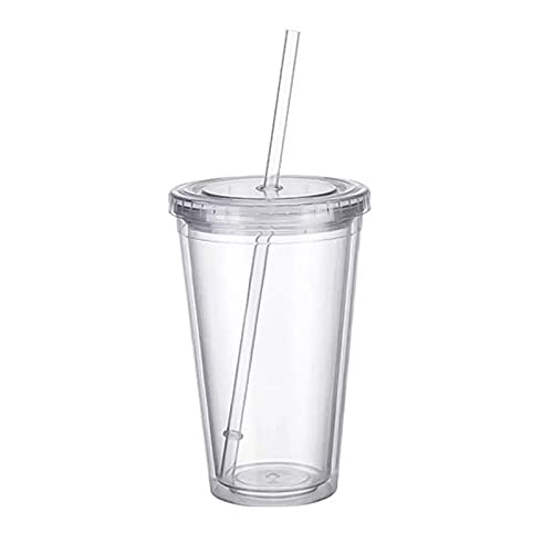 CEIEVER Hartplastikbecher mit Deckel und Strohhalm, Transparent Doppelwandig Kunststoffbecher, Wiederverwendbarer Plastikstrohbecher, Wiederverwendbare Trinkhalm Plastikbecher Partybecher (1, 500ML) von CEIEVER