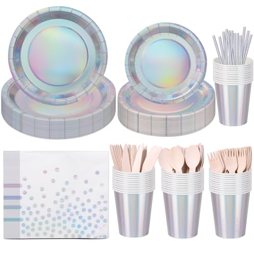 CEILIWEN 200-teiliges Party-Set für 25 Gäste, holografisches Party-Set mit holografischen Papptellern und Servietten, für Geburtstag, Hochzeit, Jahrestag, Silber von CEILIWEN