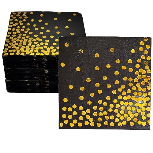 Black Gold Servietten 100 Stück, CEILIWEN Schwarz und Gold Servietten Schwarz, 33 x 33 cm Servietten, Folie Gold Punkte Servietten, Einweg-Party-Servietten (Schwarz und Gold, 100 Stück) von CEILIWEN