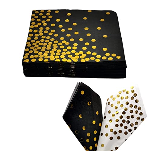 CEILIWEN Party-Servietten, Schwarz und Gold, gepunktet, 33 x 33 cm, Schwarz und Gold, Cocktail-Servietten, Abendessen, Servietten, 50 Stück von CEILIWEN