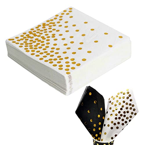 CEILIWEN Party-Servietten, weiß und gold, gepunktet, 33 x 33 cm, weiß mit goldfarbenen Servietten, Cocktail-Servietten, Dinner-Servietten, Servietten, 50 Stück von CEILIWEN
