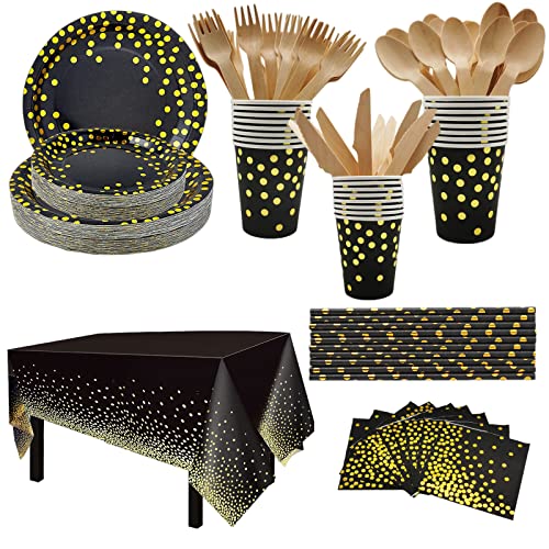 CEILIWEN Schwarz und Gold Party Geschirr, 201PCS Schwarz und Gold Party Supplies Set, Papier Geschirr Set, Party Geschirr Set enthält schwarze Pappteller,Tasse,Strohhalm, Tischtuch,Serviette,Besteck CEILIWEN Schwarz und Gold Party Geschirr, 201PCS Schwarz und Gold Party Supplies Set, Papier Geschirr Set, Party Geschirr Set enthält schwarze Pappteller,Tasse,Strohhalm, Tischtuch,Serviette,Besteck von CEILIWEN