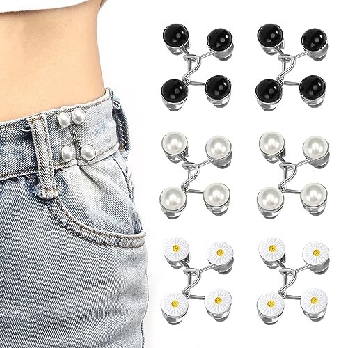 6 stück Verstellbare Nagelfreie Taillen Schnallen, Hose Enger Machen Clip, Button Pins, Jean Knopfnadeln, Hosenbund Enger Machen - 2 Schwarze Perlen, 2 Weiße Perlen, 2 Gänseblümchen 6 stück Verstellbare Nagelfreie Taillen Schnallen, Hose Enger Machen Clip, Button Pins, Jean Knopfnadeln, Hosenbund Enger Machen - 2 Schwarze Perlen, 2 Weiße Perlen, 2 Gänseblümchen von CELFER