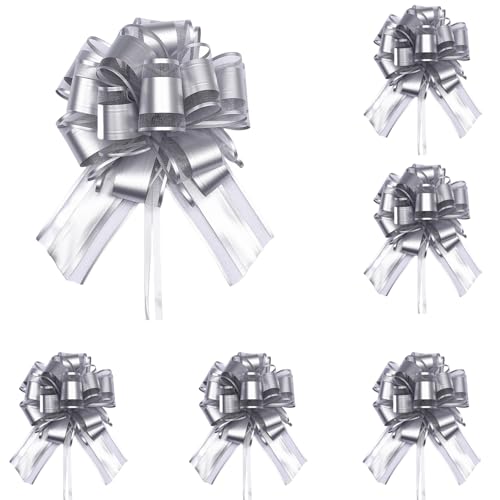 CENCERY 6 Große 18cm Ziehschleifen Silber mit Geschenkband – Dekorative Geschenkbögen für Hochzeit, Valentinstag, Geburtstage (Silber) von CENCERY
