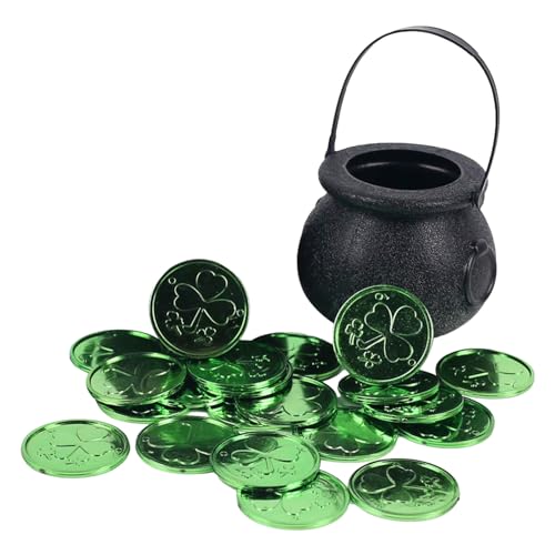 Schwarzer Süßigkeitenkessel, dekorativer St. Patricks-Tag, Glasornament mit 50 Glückskleeblättern, Kessel-Griff, Kessel, Kobold- , Süßigkeiten, Patricks-Day-Dekorationen für , Mädchen, Kinder von CENMOO