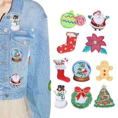 Weihnachtsbügeleisen auf Patches – 10 Stück bestickte Weihnachts-Reparaturflicken | Niedliche Applikationen mit leuchtenden Farben, Zubehör Patches für Handwerk, Weihnachtsgeschenke Cenmoo von CENMOO