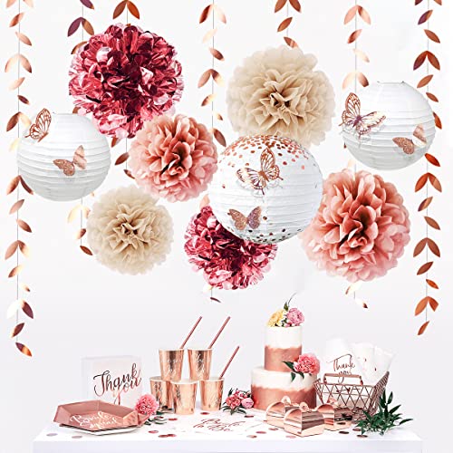 CENPEK 18-teiliges Roségold-Partydekorationsset zum Aufhngen von Papierfchern, Laternen, Pom Pom-Blumen mit 3D-Schmetterlings-Goldblttern, Girlande für Geburtstag, Hochzeit von CENPEK