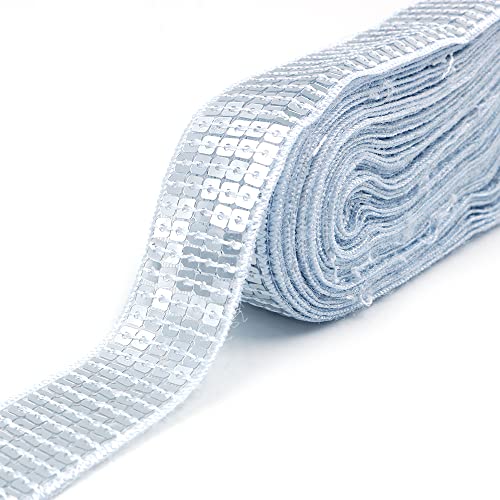 CENPEK 20 Yards Elastische Pailletten Flache Glitzer Bling Paillette Stoffband Applikation Trim Spitzenband für Kleid verschnern Stirnband, 25 mm breit, Silber von CENPEK