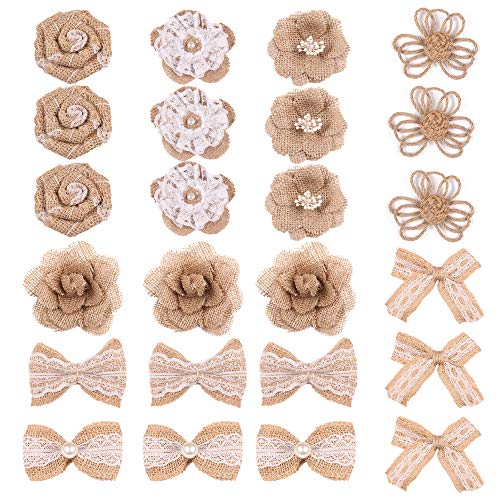CENPEK 24 Stück Jute-Blumen und Jute-Schleifen, Set, 8 Stile, natürliche, handgefertigte rustikale Jute-Blume für DIY Handwerk Hochzeit Weihnachten Party Geschenk Dekorationen von CENPEK