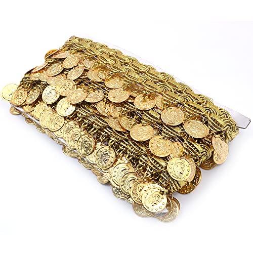 CENPEK 9,1 m Münzform Pailletten Quaste Trim 4,9 cm Breite Fransen Spitze Tanzkleid Gürtel Kette DIY Kleidung Band (Gold) von CENPEK