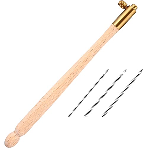 CENPEK Tambur-Haken mit 3 Nadeln (0,7 mm-1 mm-1,2 mm) Französische Perlenhaken Nadelset Holz Häkelwerkzeug Kit Austauschbare Häkelnadel Stickerei Werkzeug zum Sticken von Pailletten und Perlen von CENPEK