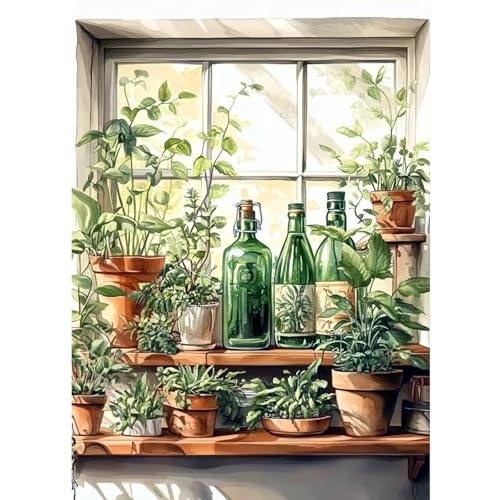 CEOVR Diamond Painting Bilder Kit Erwachsene,5D Pflanzen Diamond-painting 30x40 cm,Pflanzen auf der Fensterbank Diamant Art Set von CEOVR