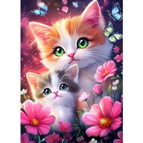 CEOVR Diamond Painting Bilder Kit Erwachsene Katzen,30x40 cm Diamant Paintings Kit,5D DIY Diamond-painting,Katze,Schmetterling und Blumen von CEOVR